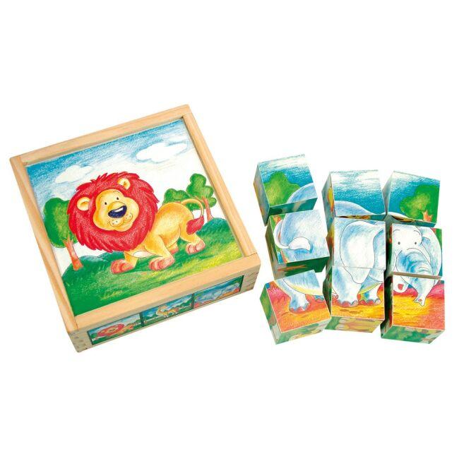 Bino Drevené hračky obrázkové kocky divoké zvieratá 9 ks